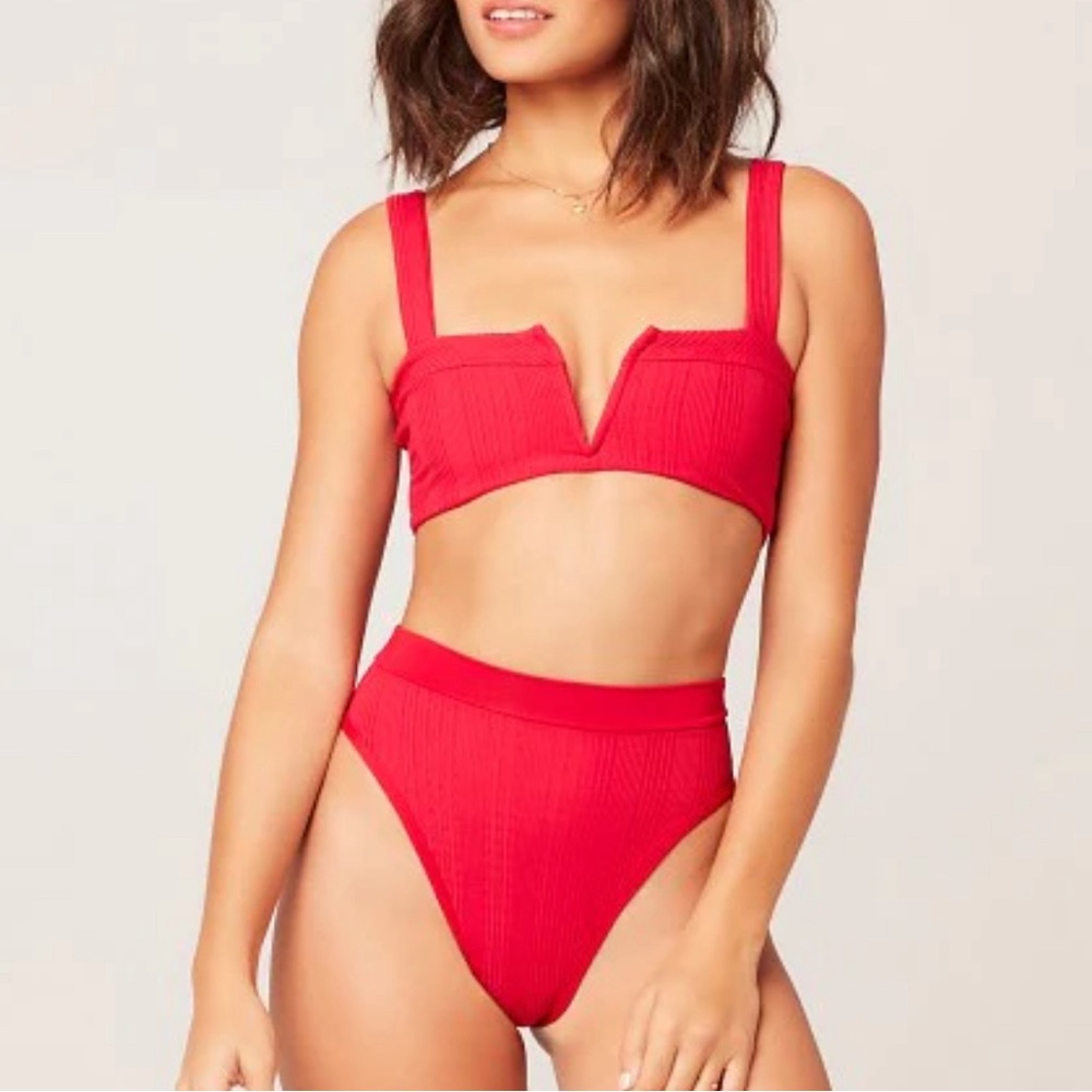 L*SPACE Bikini Bottom Ribbed High Waist Red Size XL NWT Retro Swim Summer Beach